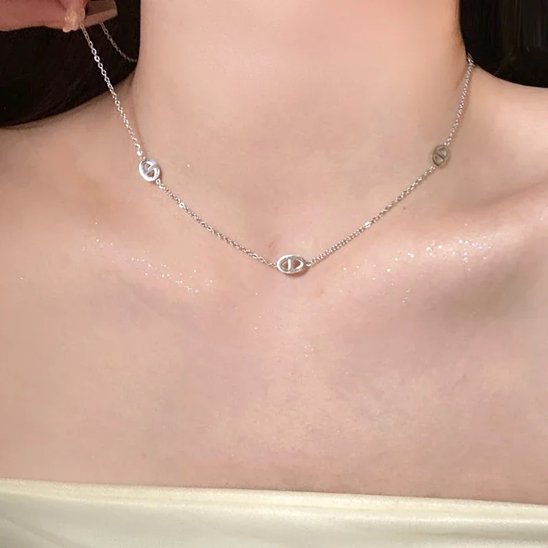 Delicate Oval Station Cable 925 Sterling Silver Necklace - Silver