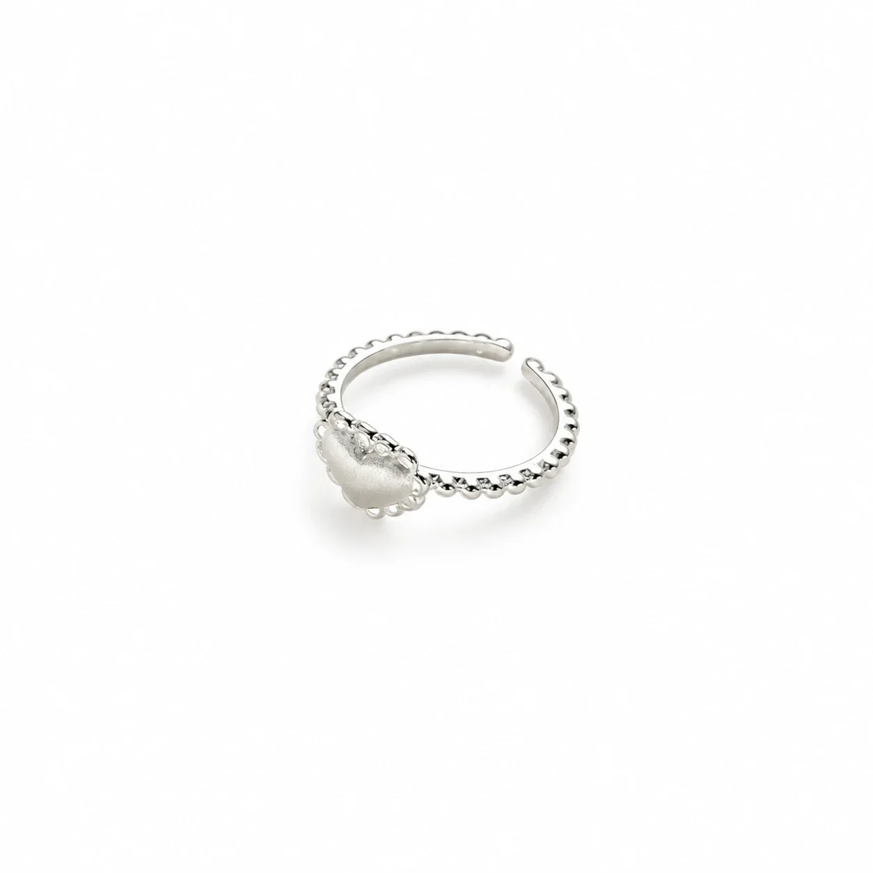 Brushed Heart 925 Sterling Silver Beaded Open Ring