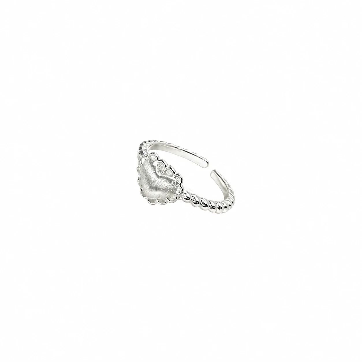 Brushed Heart 925 Sterling Silver Beaded Open Ring
