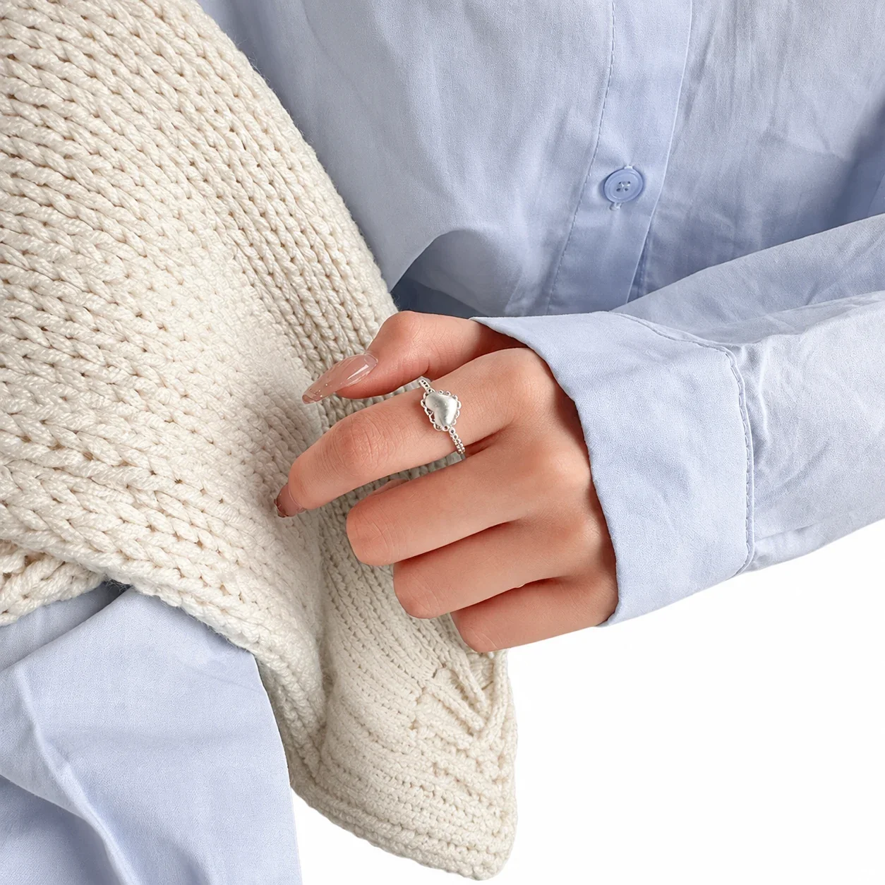 Brushed Heart 925 Sterling Silver Beaded Open Ring