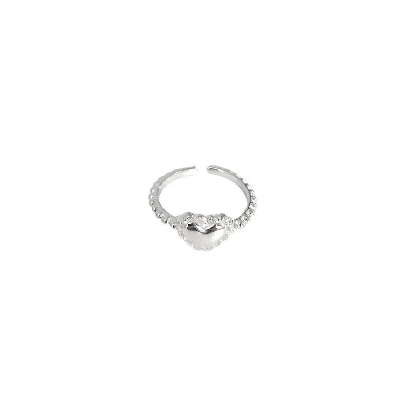 Brushed Heart 925 Sterling Silver Beaded Open Ring