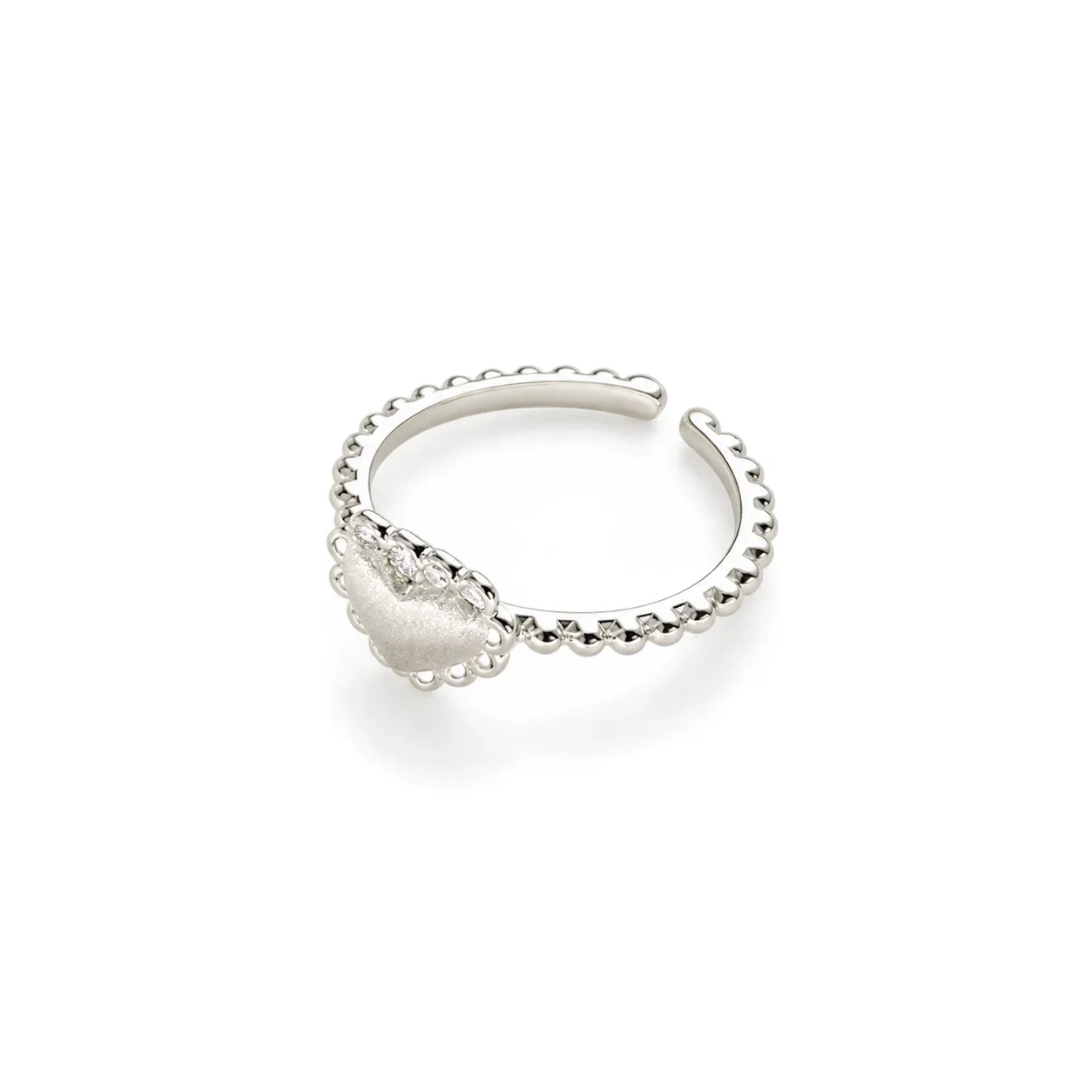 Brushed Heart 925 Sterling Silver Beaded Open Ring - Silver