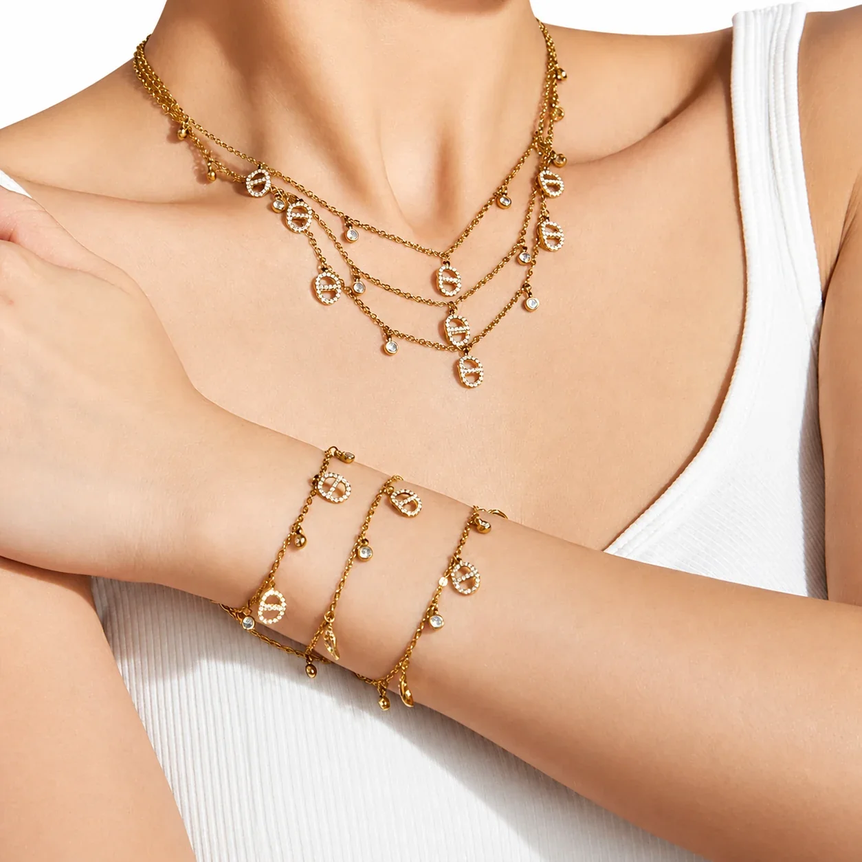 Layered Gold-Plated CZ Oval Charm Jewelry Set
