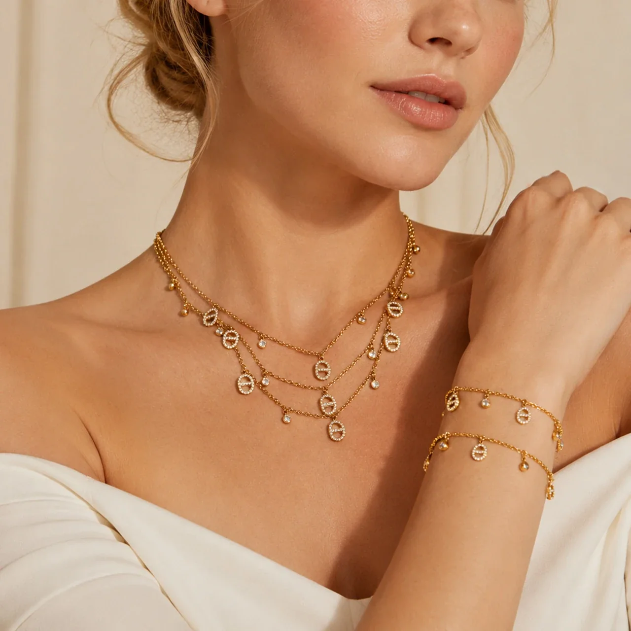 Layered Gold-Plated CZ Oval Charm Jewelry Set
