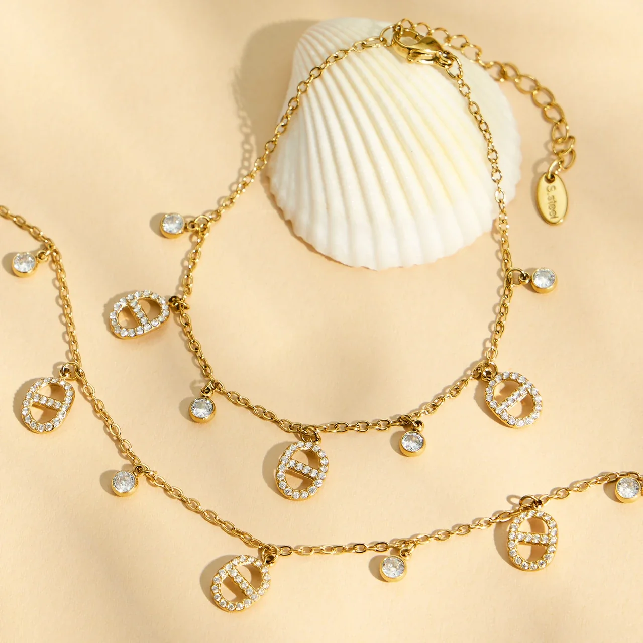 Layered Gold-Plated CZ Oval Charm Jewelry Set