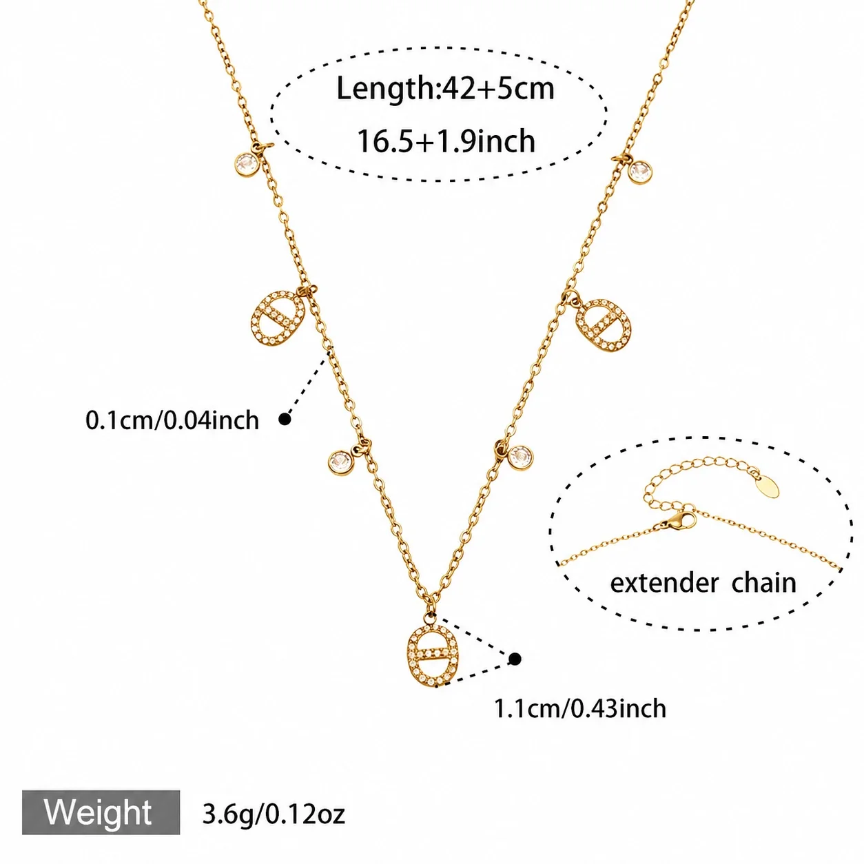 Layered Gold-Plated CZ Oval Charm Jewelry Set - Gold 42+5 cm