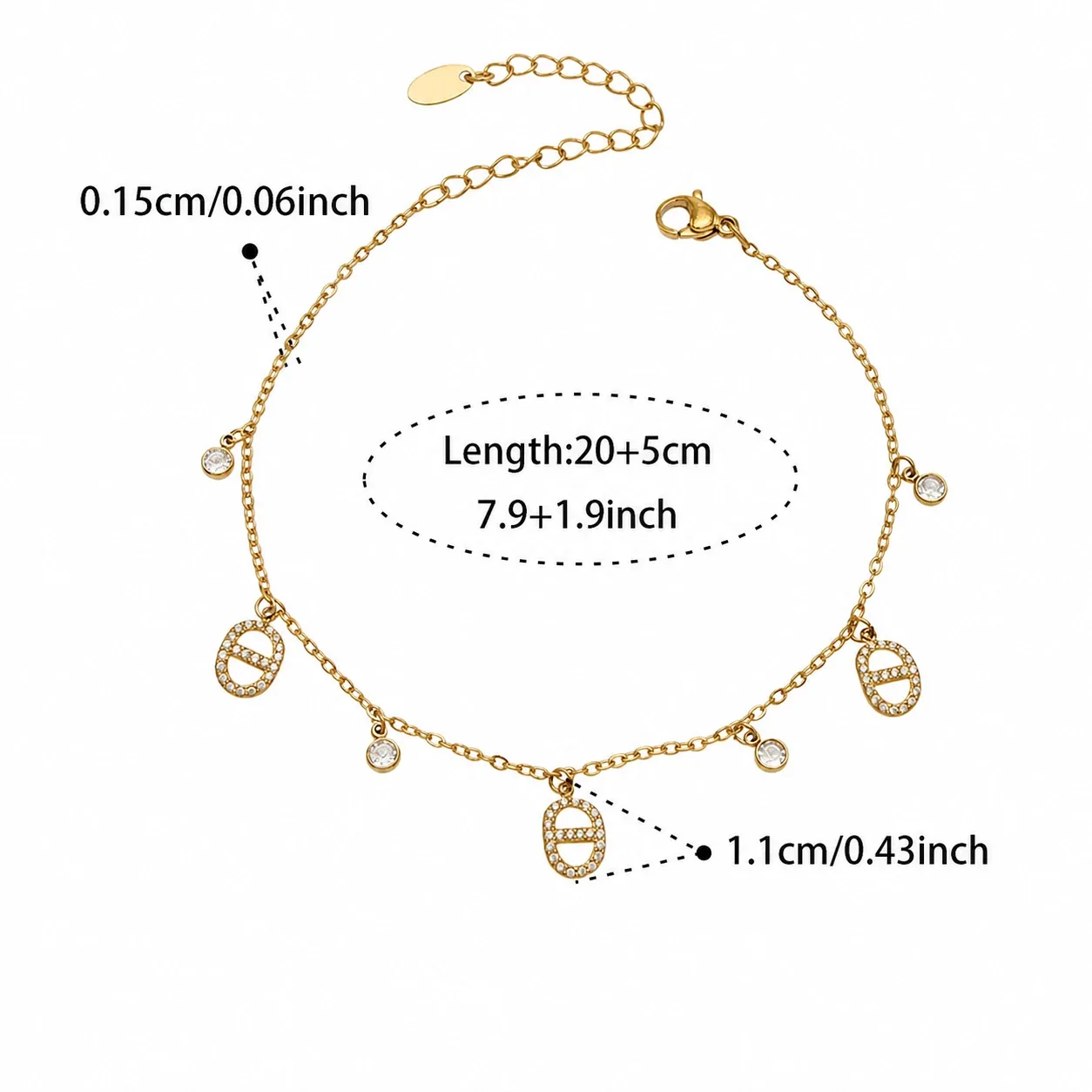 Layered Gold-Plated CZ Oval Charm Jewelry Set - Gold 20+5 cm