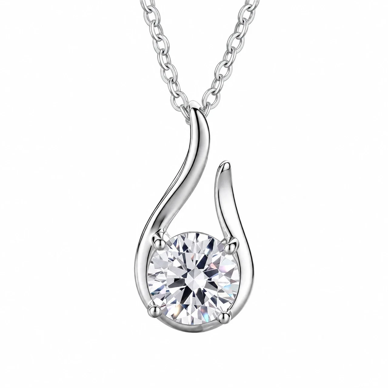 Sculptural 925 Sterling Silver Curved Round CZ Pendant Necklace