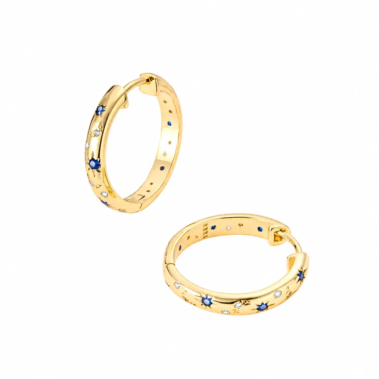 Celestial 925 Sterling Silver Blue Star Hoop Earrings - Gold