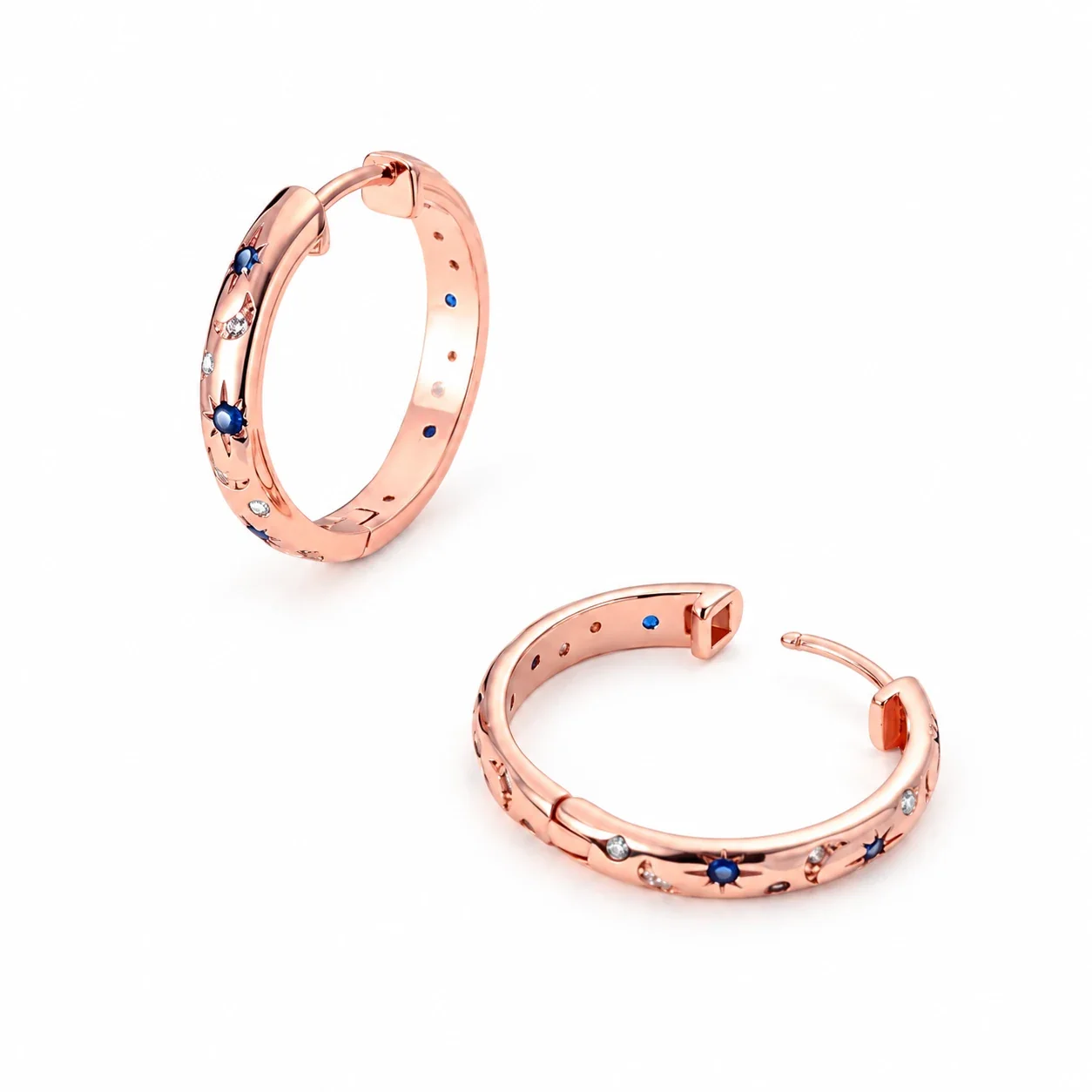 Celestial 925 Sterling Silver Blue Star Hoop Earrings - Rose Gold