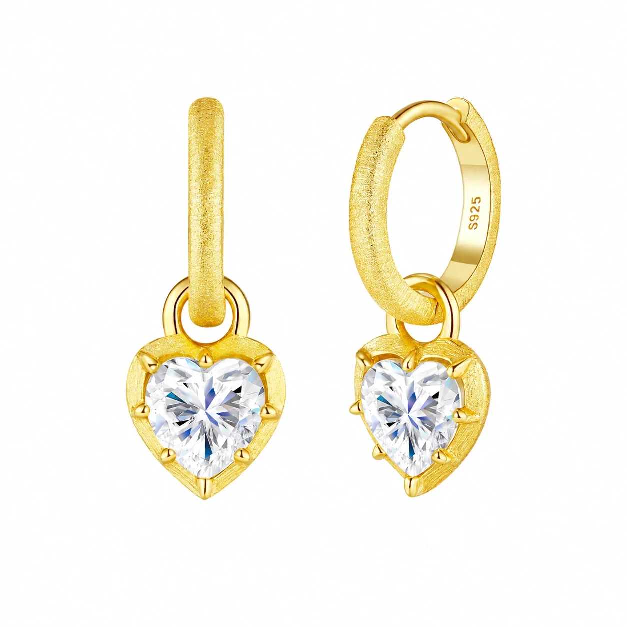 Textured 925 Sterling Silver Heart Hoop Drop Earrings