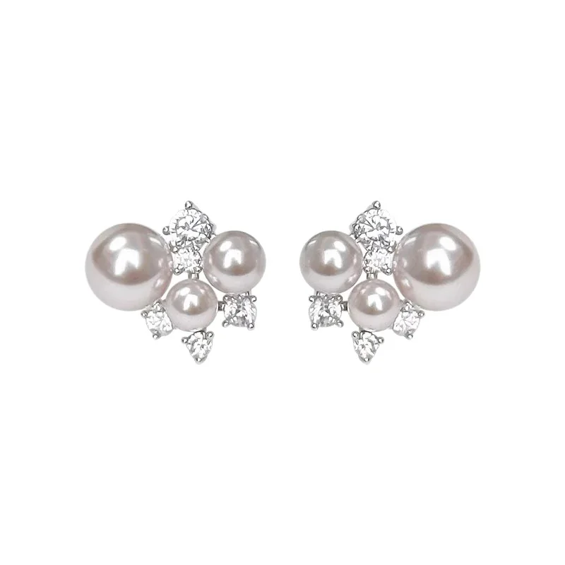 Luminous Silver-Plated Triple Pearl CZ Cluster Stud Earrings