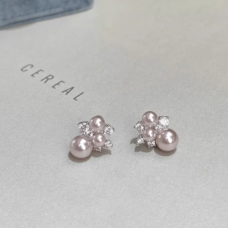 Luminous Silver-Plated Triple Pearl CZ Cluster Stud Earrings