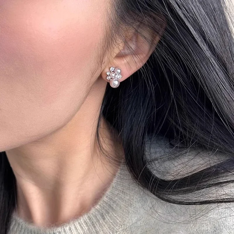 Luminous Silver-Plated Triple Pearl CZ Cluster Stud Earrings