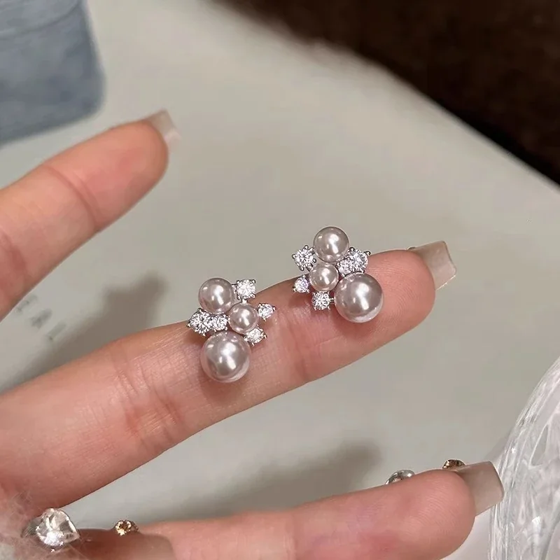 Luminous Silver-Plated Triple Pearl CZ Cluster Stud Earrings