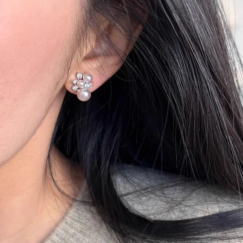 Luminous Silver-Plated Triple Pearl CZ Cluster Stud Earrings