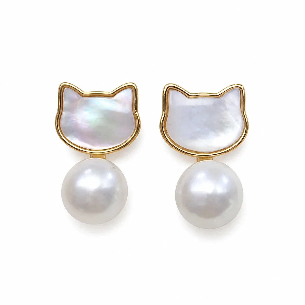 Whimsical Gold-Plated Cat Shell Freshwater Pearl Drop Earrings