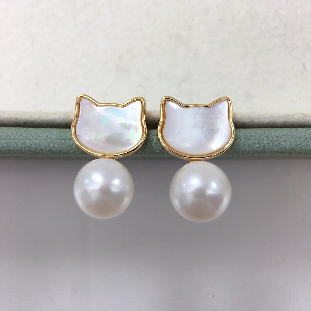 Whimsical Gold-Plated Cat Shell Freshwater Pearl Drop Earrings