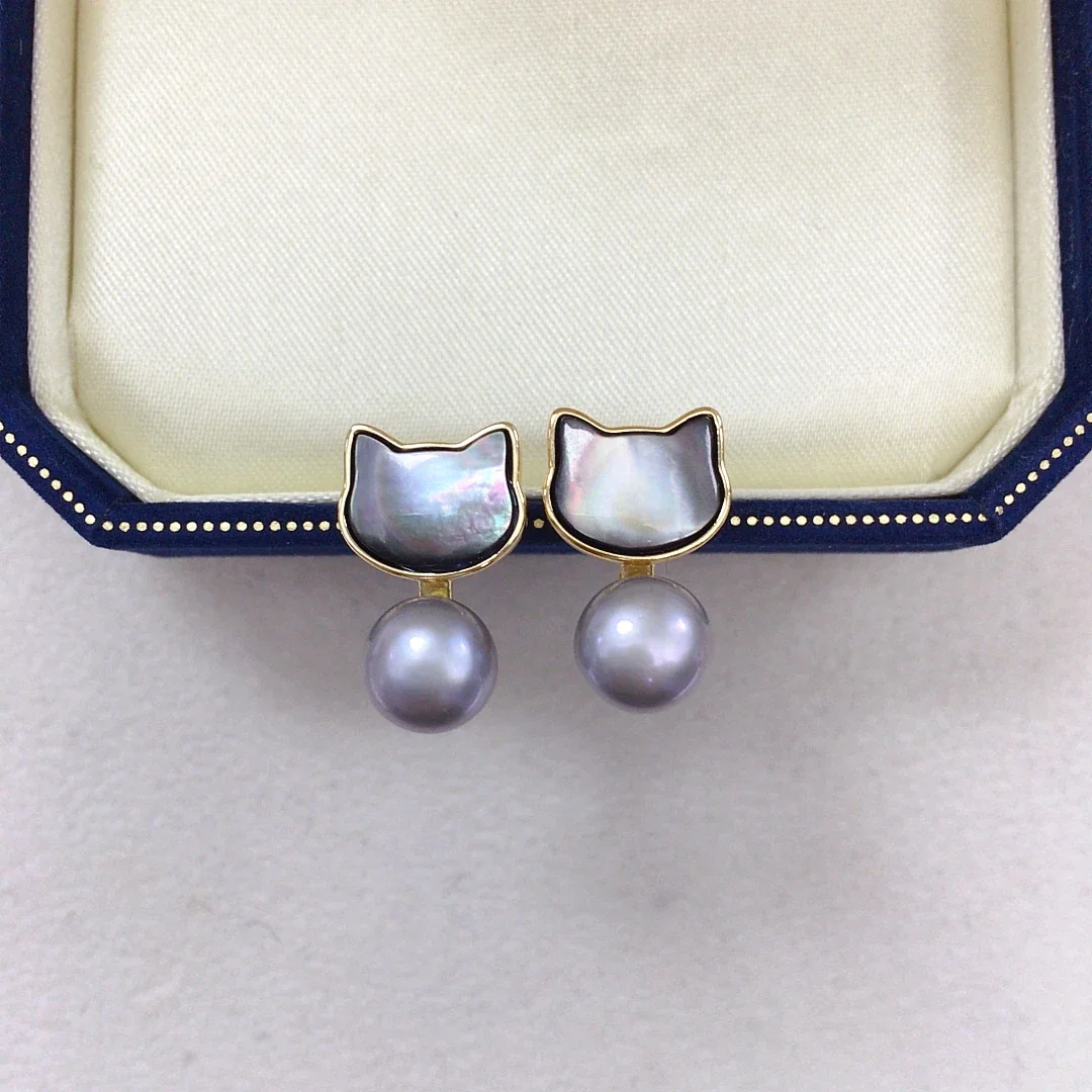 Whimsical Gold-Plated Cat Shell Freshwater Pearl Drop Earrings