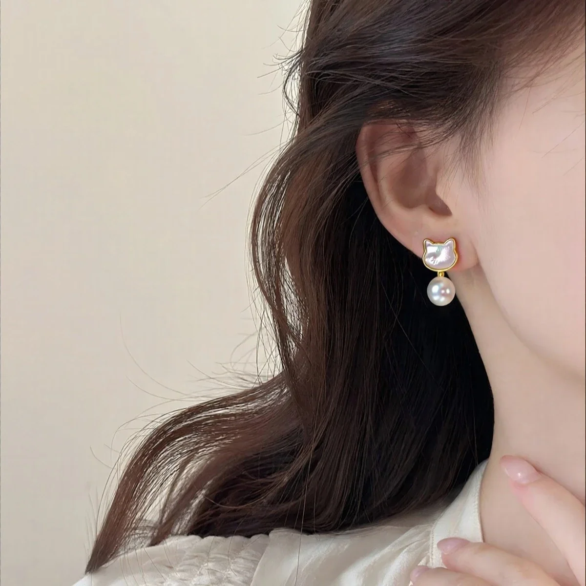 Whimsical Gold-Plated Cat Shell Freshwater Pearl Drop Earrings
