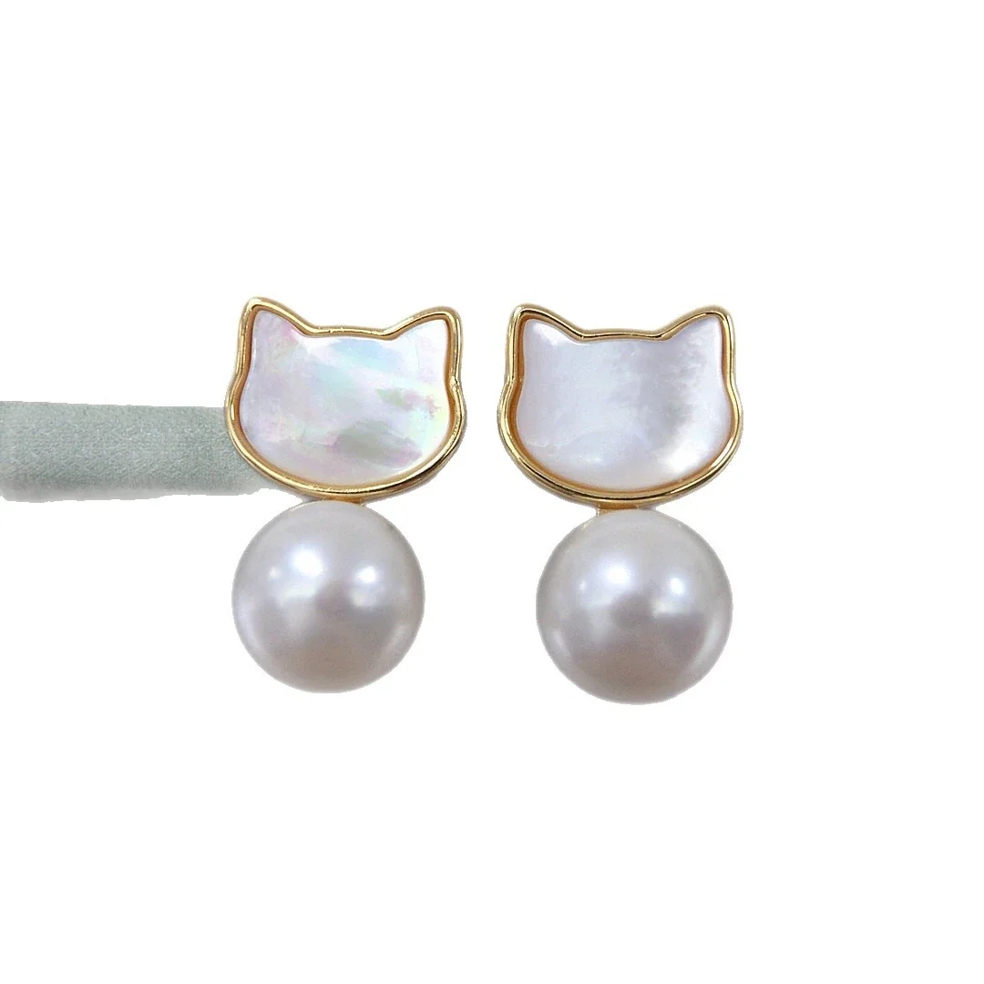 Whimsical Gold-Plated Cat Shell Freshwater Pearl Drop Earrings