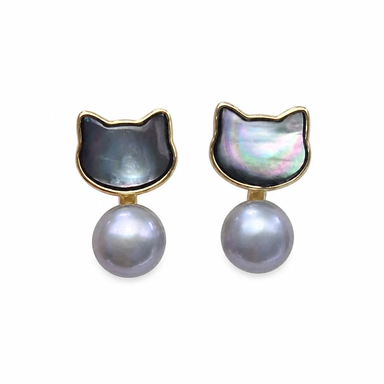 Whimsical Gold-Plated Cat Shell Freshwater Pearl Drop Earrings - Gray