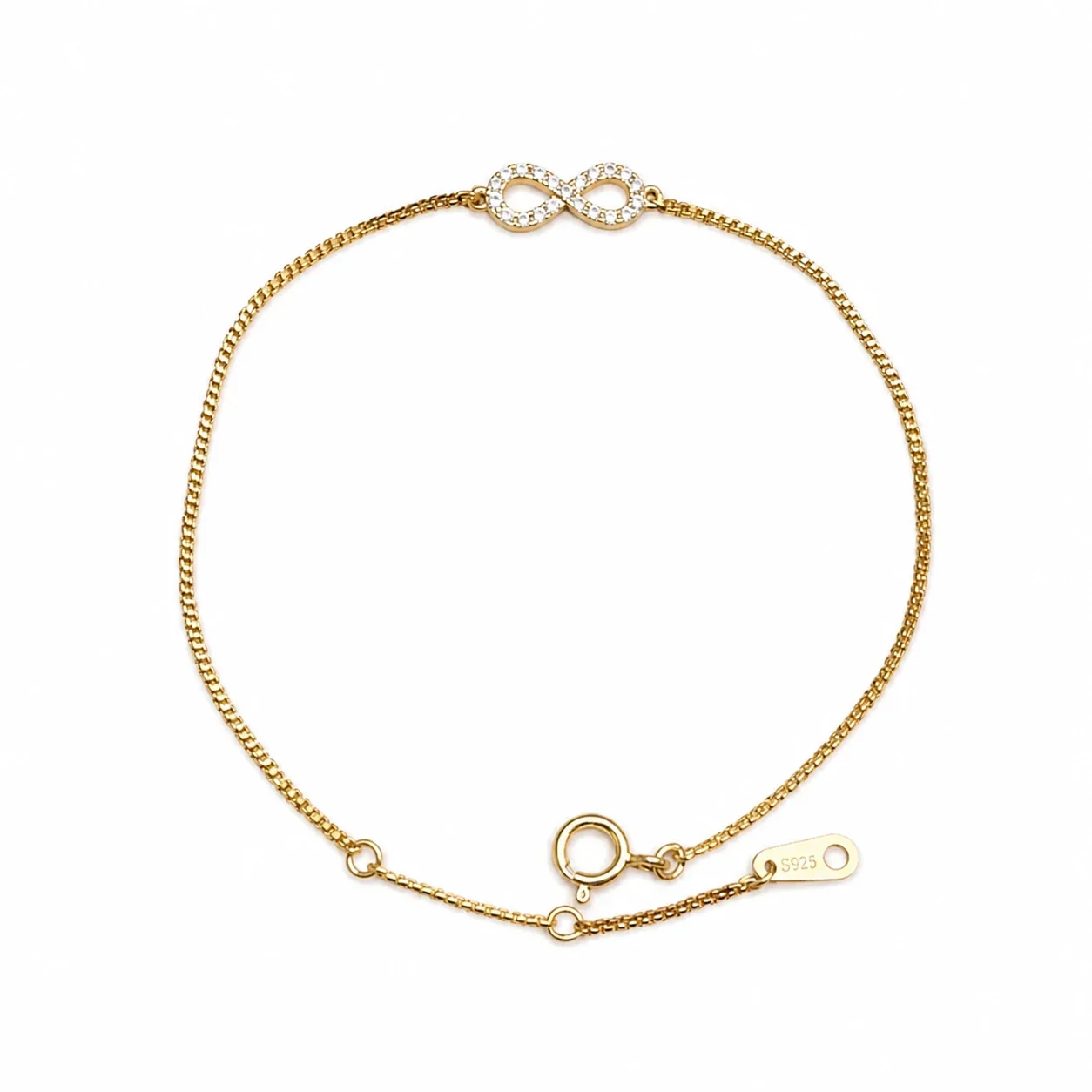 Delicate Infinity Pavé 925 Sterling Silver Box Chain Bracelet