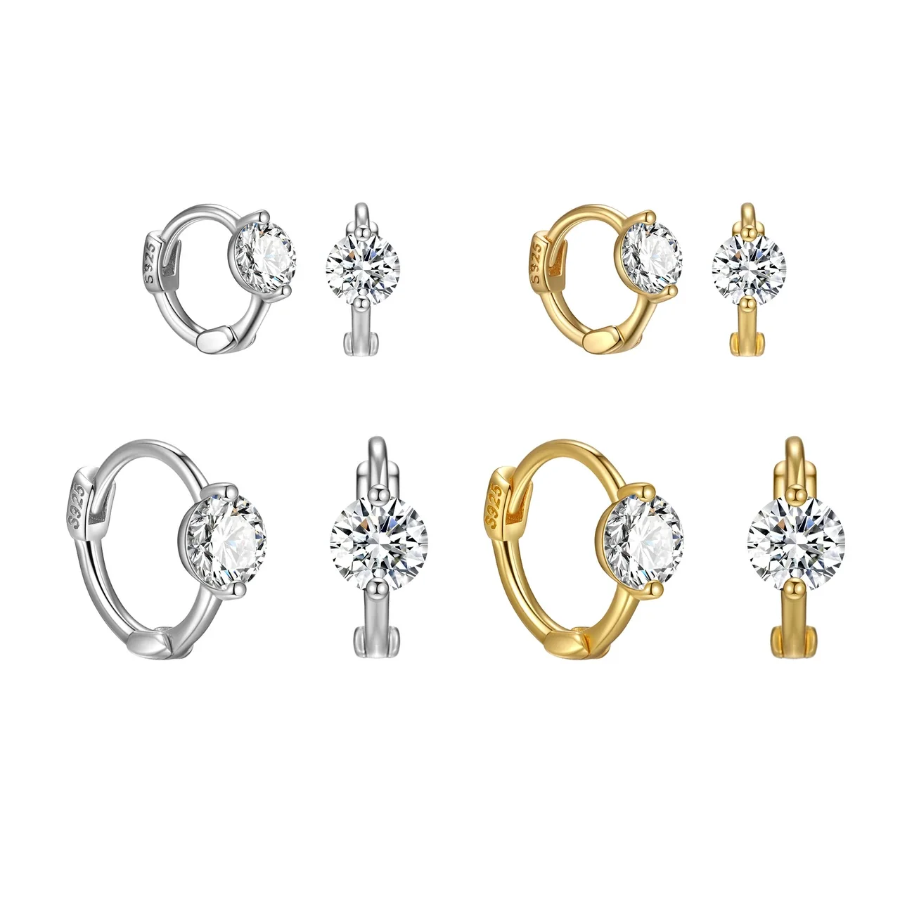 Petite 925 Sterling Silver Prong-Set Round Stone Hoop Earrings