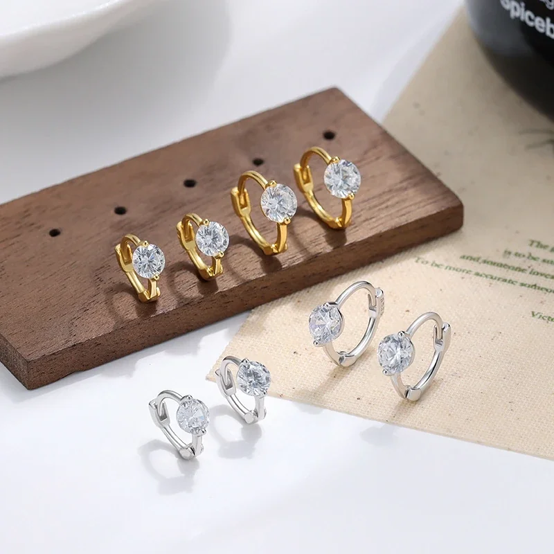 Petite 925 Sterling Silver Prong-Set Round Stone Hoop Earrings
