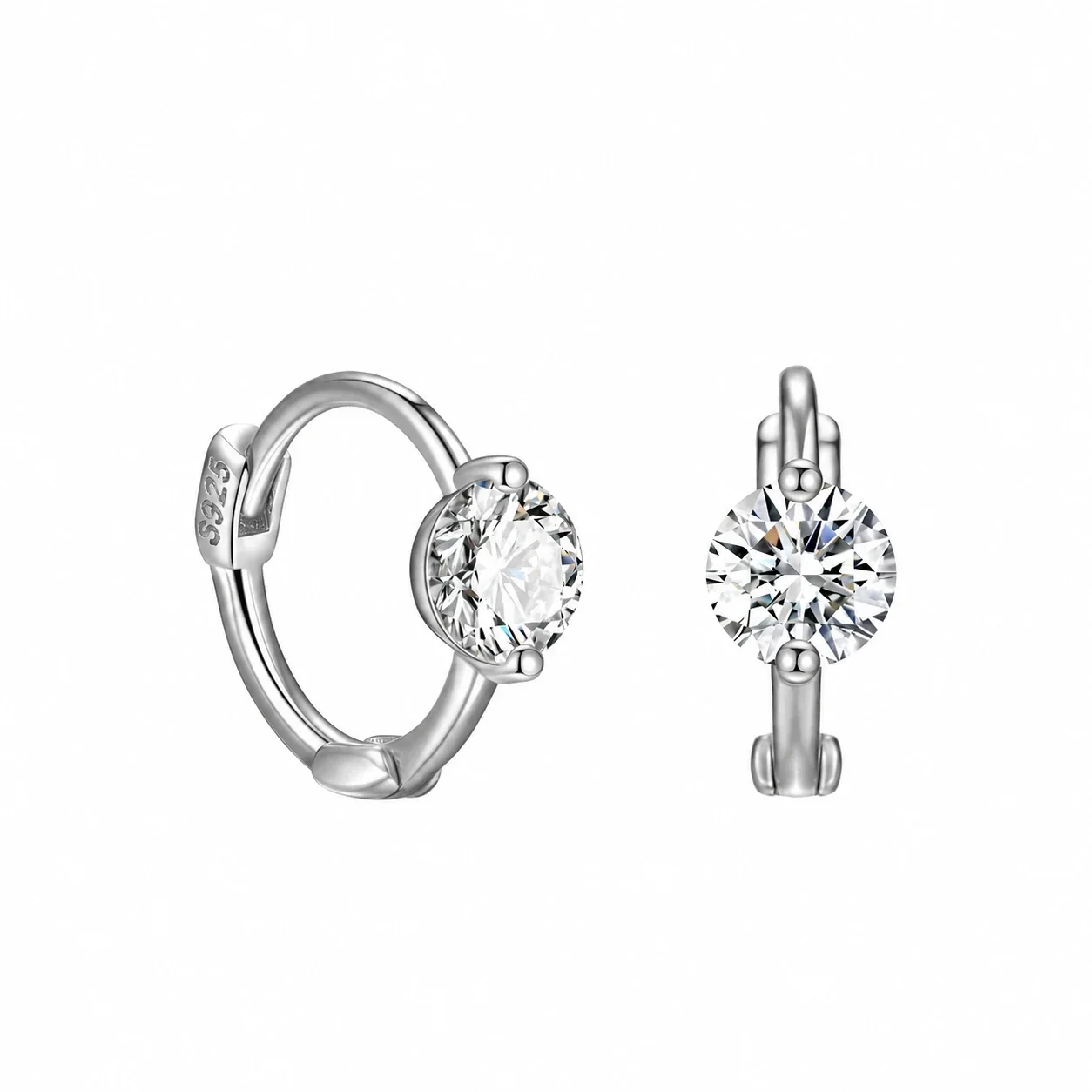 Petite 925 Sterling Silver Prong-Set Round Stone Hoop Earrings - Large