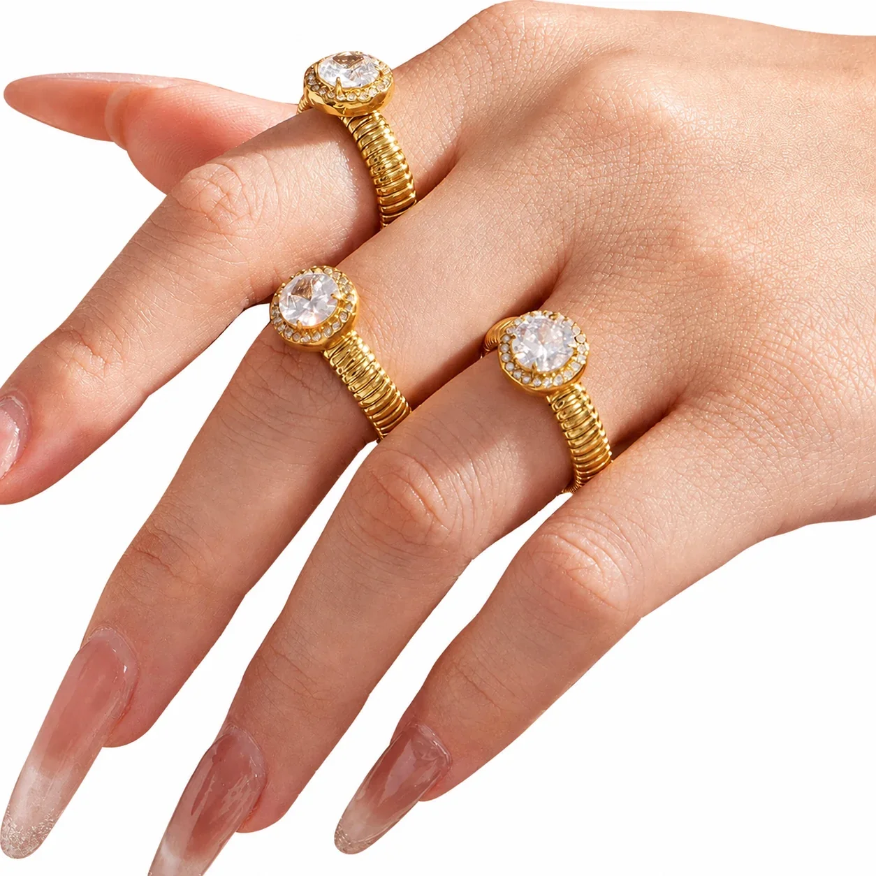 Radiant Ribbed Open Halo CZ Stainless Steel Ring