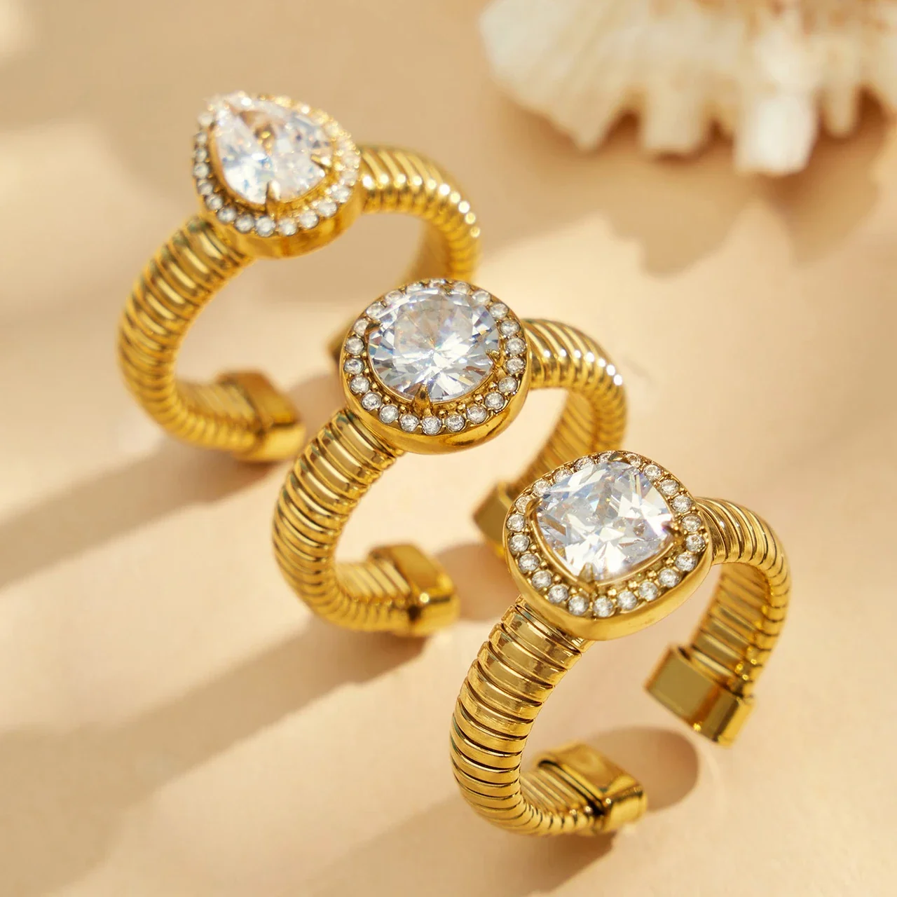 Radiant Ribbed Open Halo CZ Stainless Steel Ring