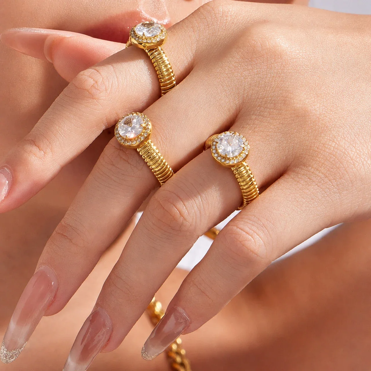 Radiant Ribbed Open Halo CZ Stainless Steel Ring