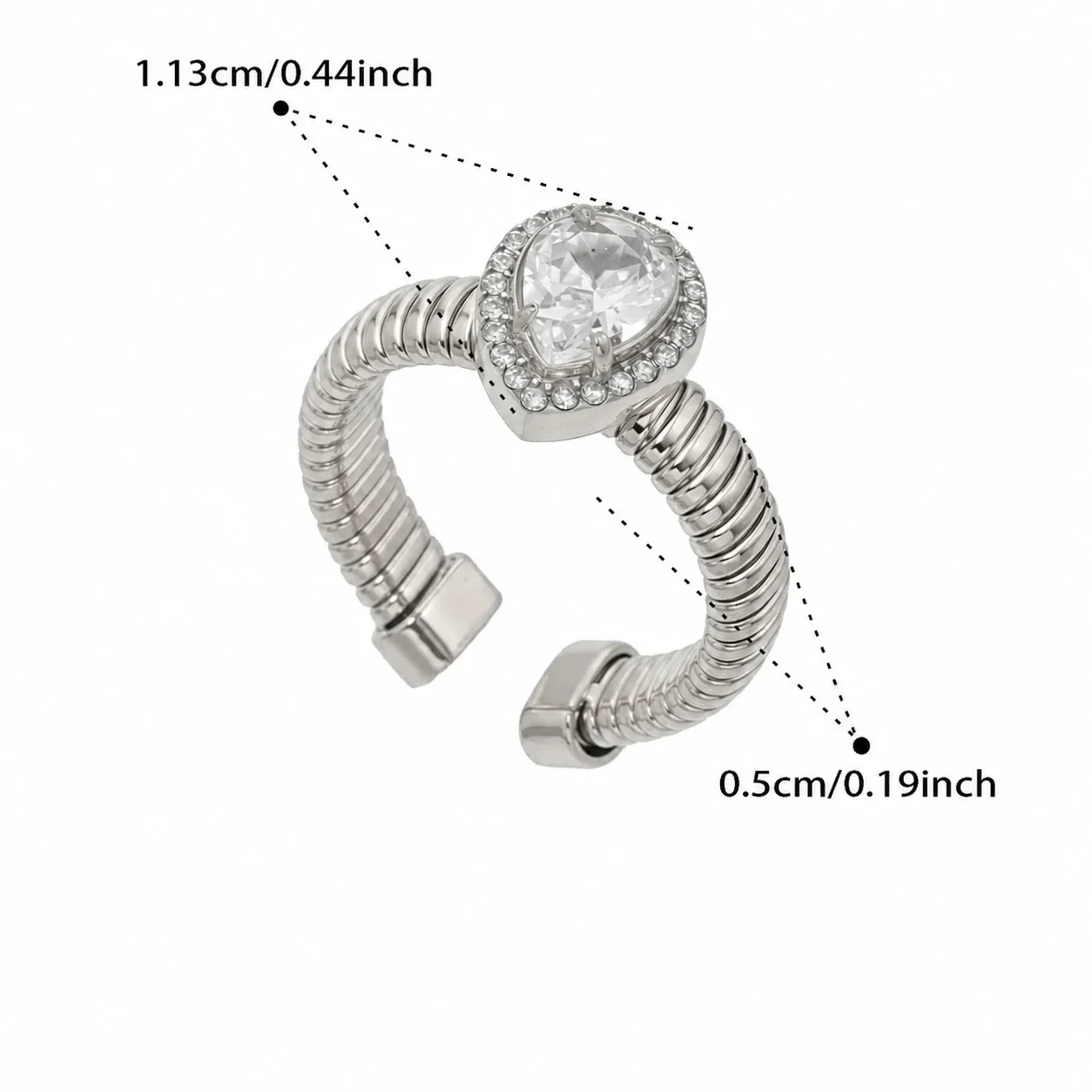 Radiant Ribbed Open Halo CZ Stainless Steel Ring - Steel Teardrop CZ