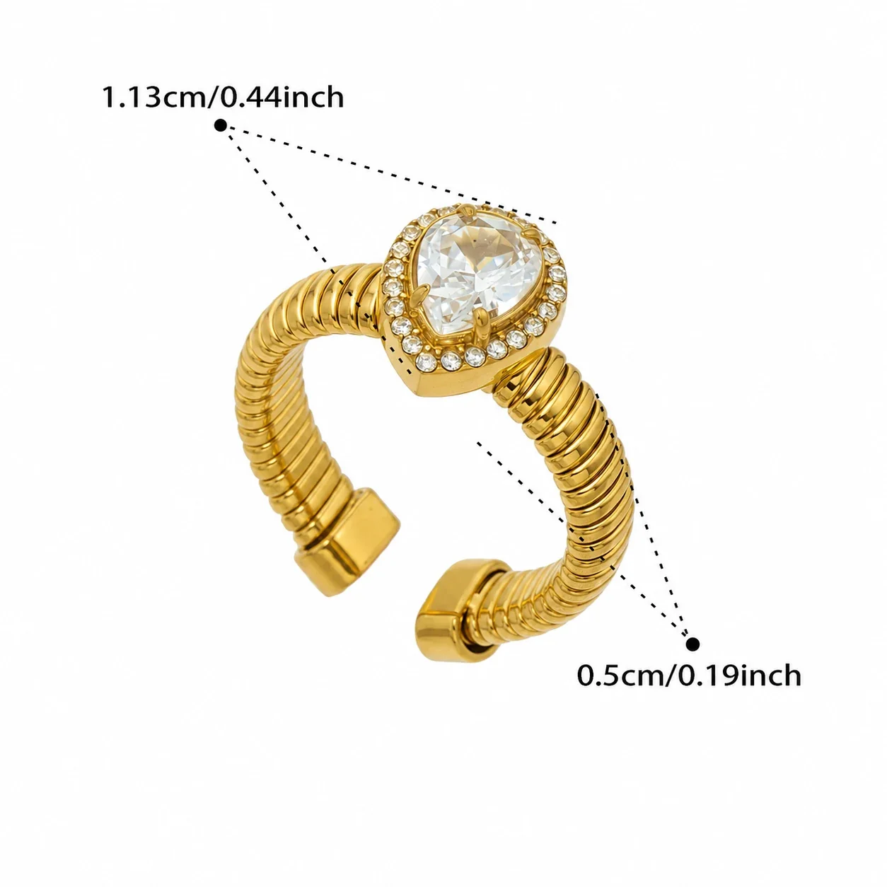 Radiant Ribbed Open Halo CZ Stainless Steel Ring - Gold Teardrop CZ