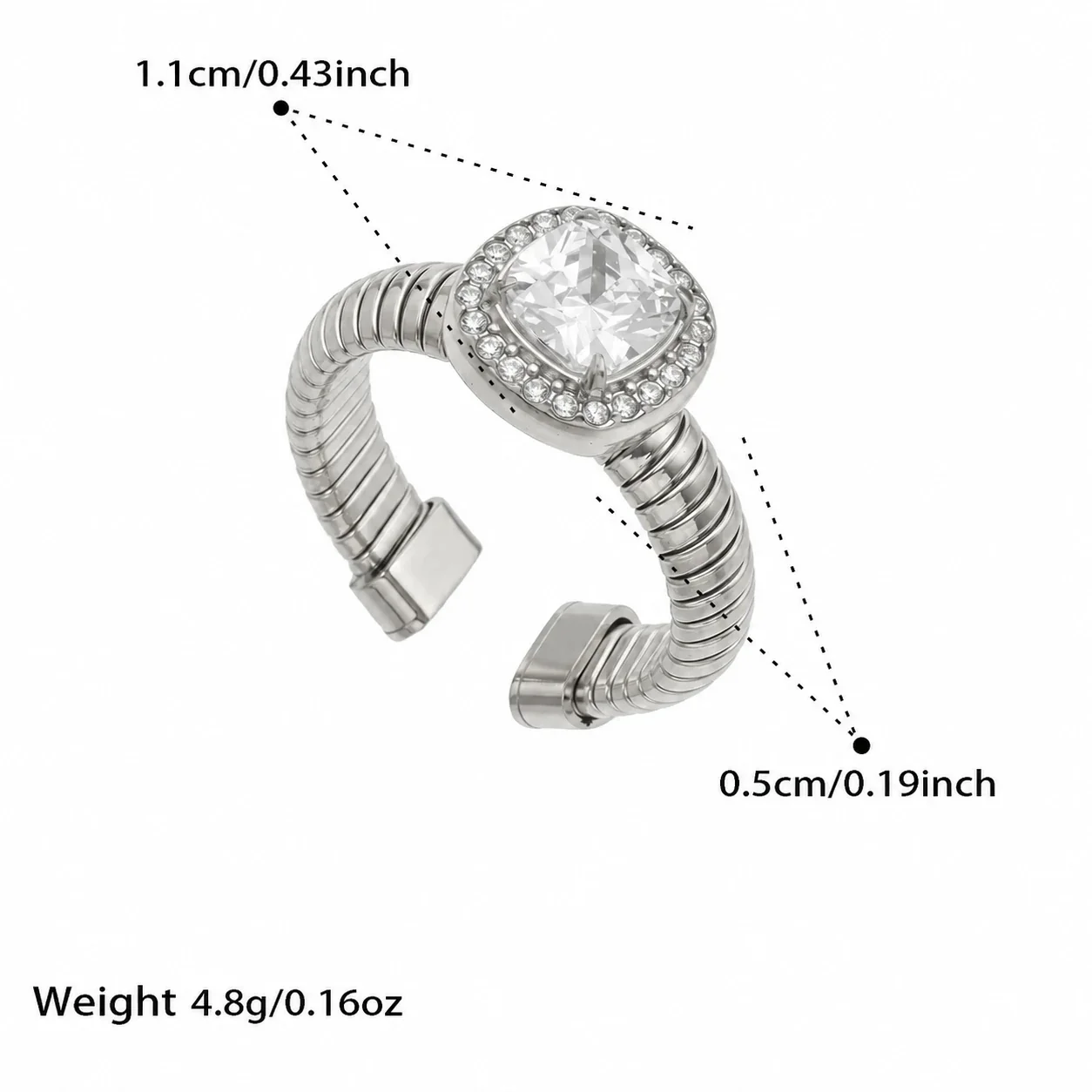 Radiant Ribbed Open Halo CZ Stainless Steel Ring - Steel Square CZ