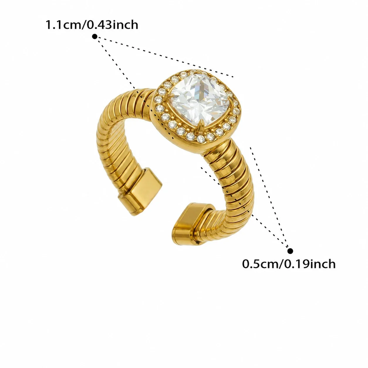 Radiant Ribbed Open Halo CZ Stainless Steel Ring - Gold Square CZ