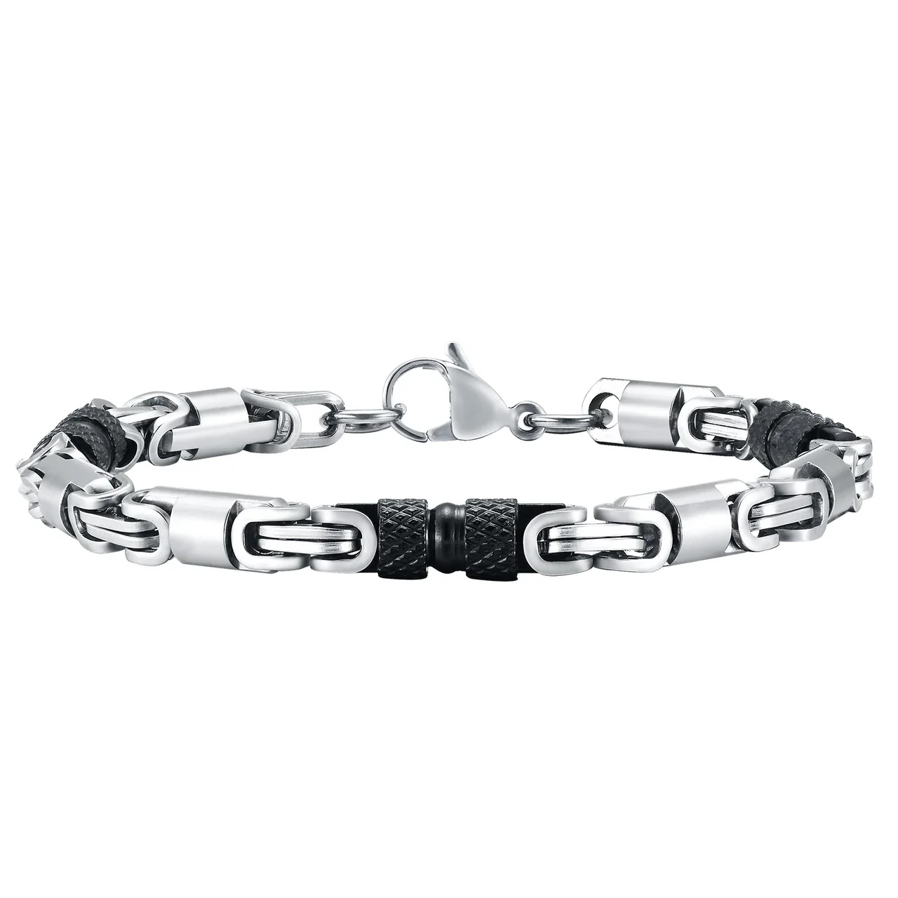 Ribbed Barrel Stainless Steel Byzantine Link Bracelet