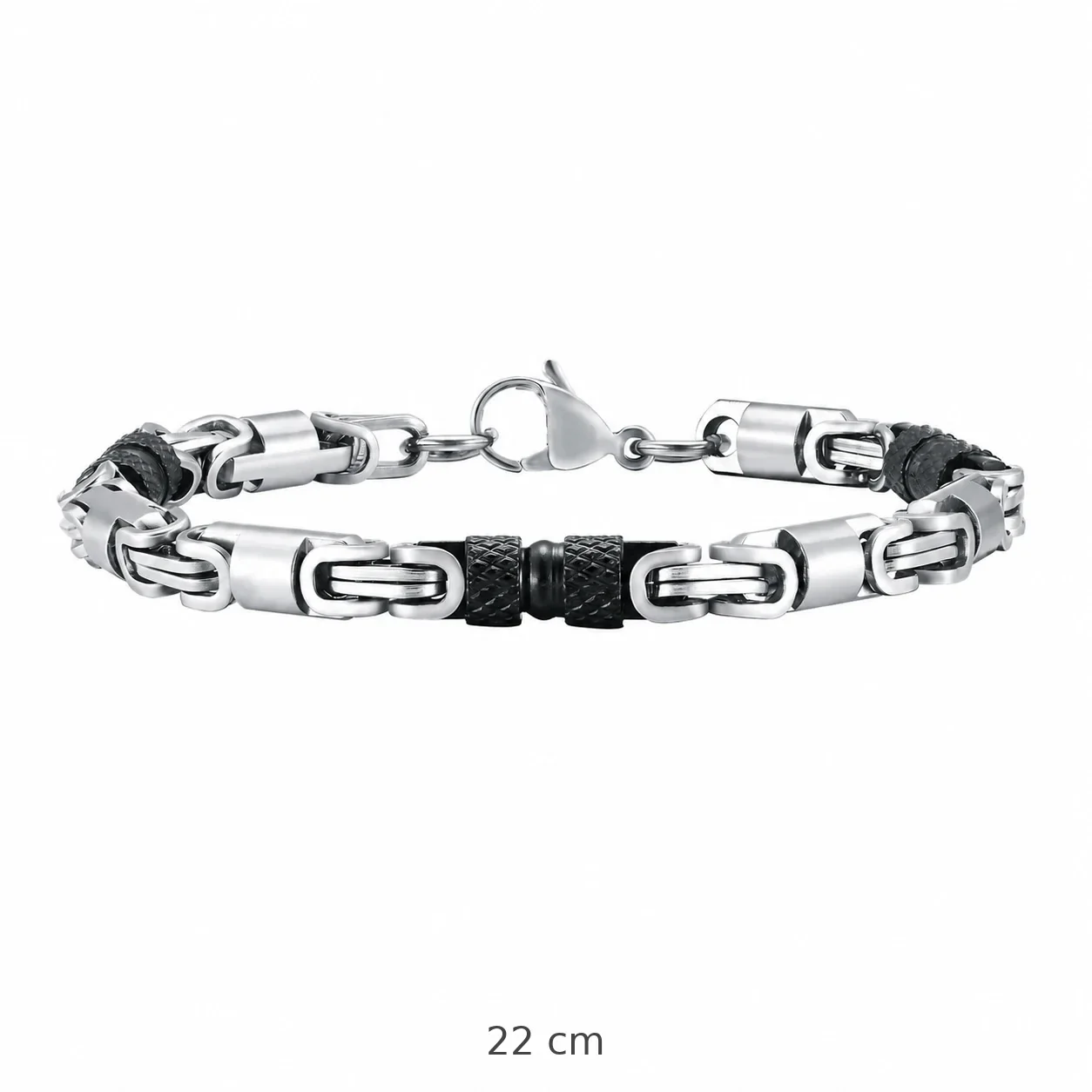 Ribbed Barrel Stainless Steel Byzantine Link Bracelet - 22 cm