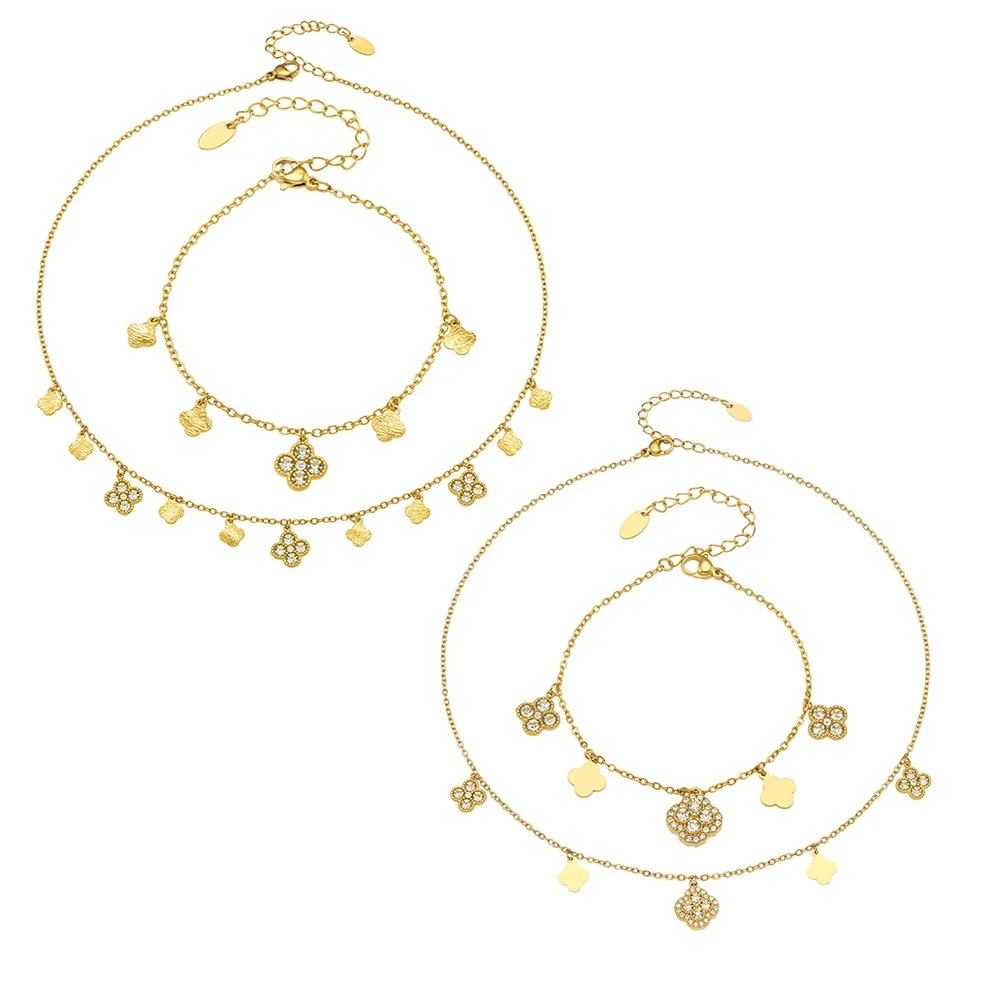 Radiant Clover CZ Stainless Steel Chain Jewelry Set