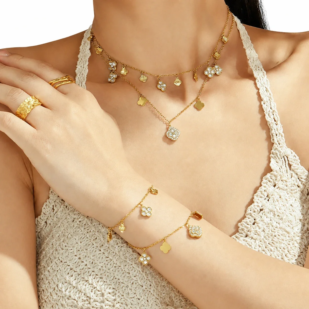 Radiant Clover CZ Stainless Steel Chain Jewelry Set
