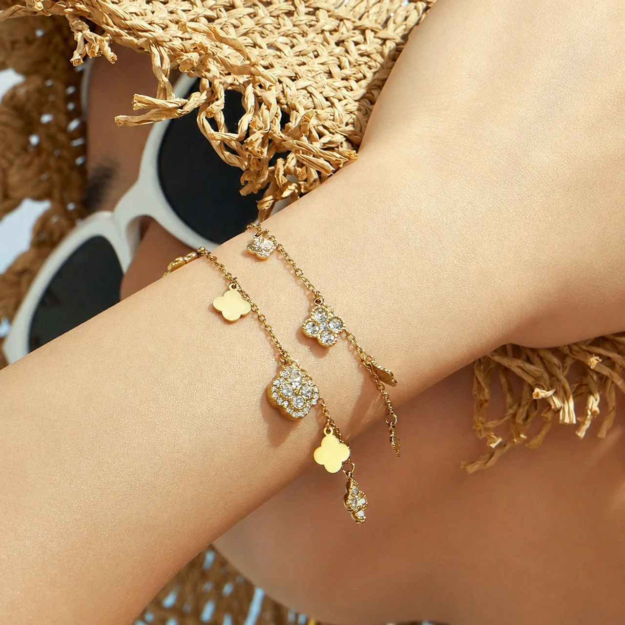 Radiant Clover CZ Stainless Steel Chain Jewelry Set