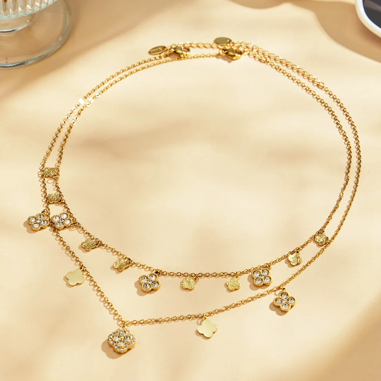 Radiant Clover CZ Stainless Steel Chain Jewelry Set