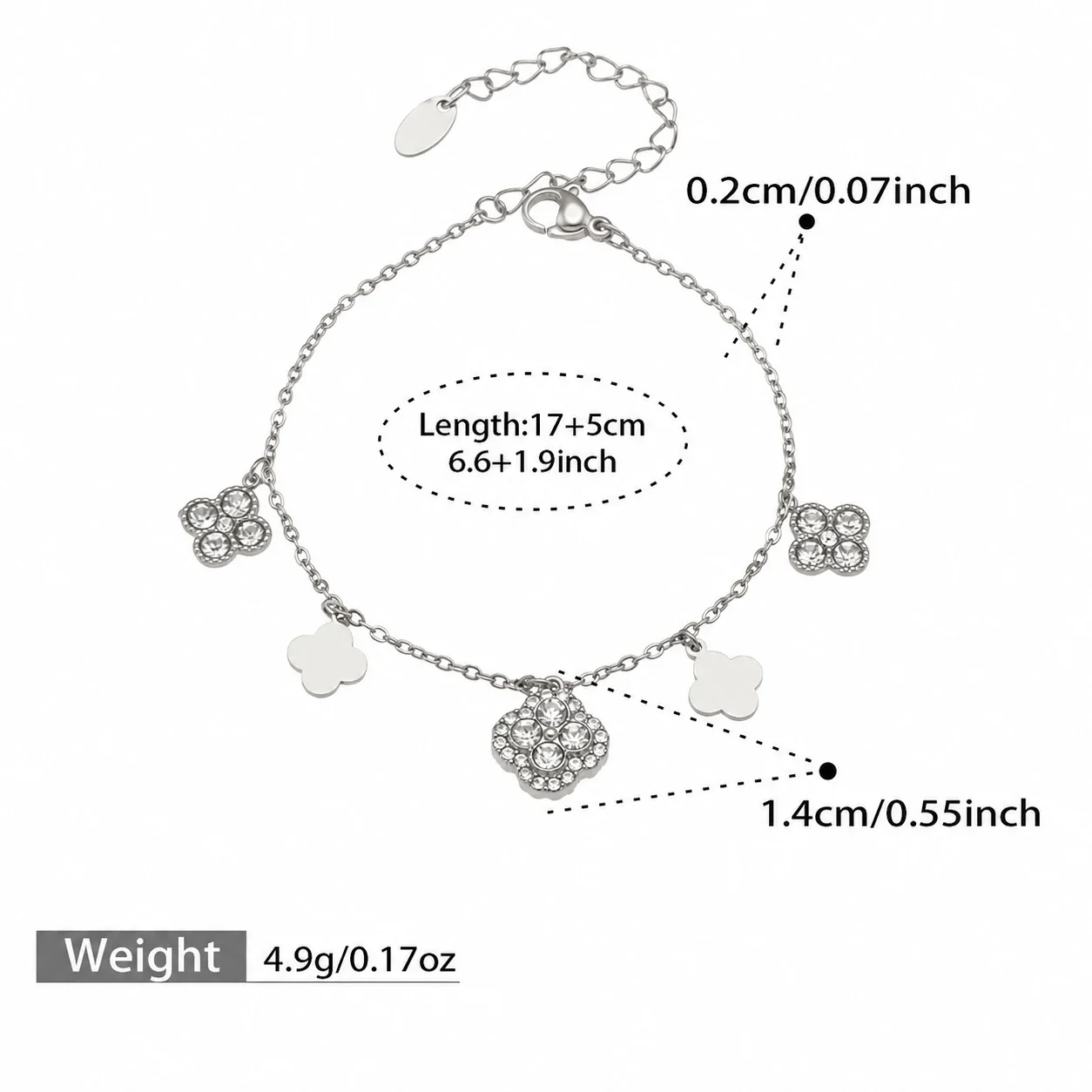 Radiant Clover CZ Stainless Steel Chain Jewelry Set - Silver Style A 17+5 cm
