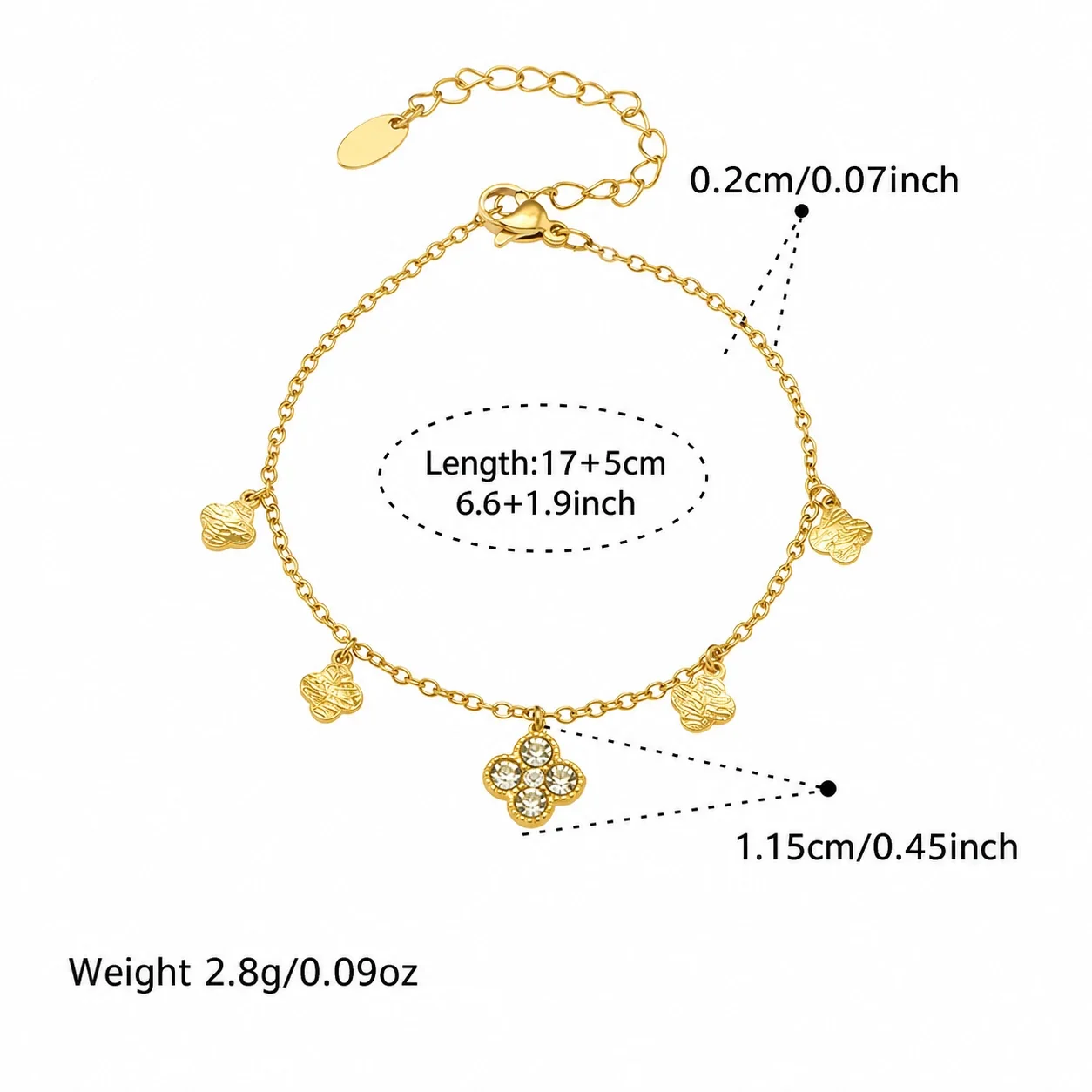 Radiant Clover CZ Stainless Steel Chain Jewelry Set - Gold 17+5 cm