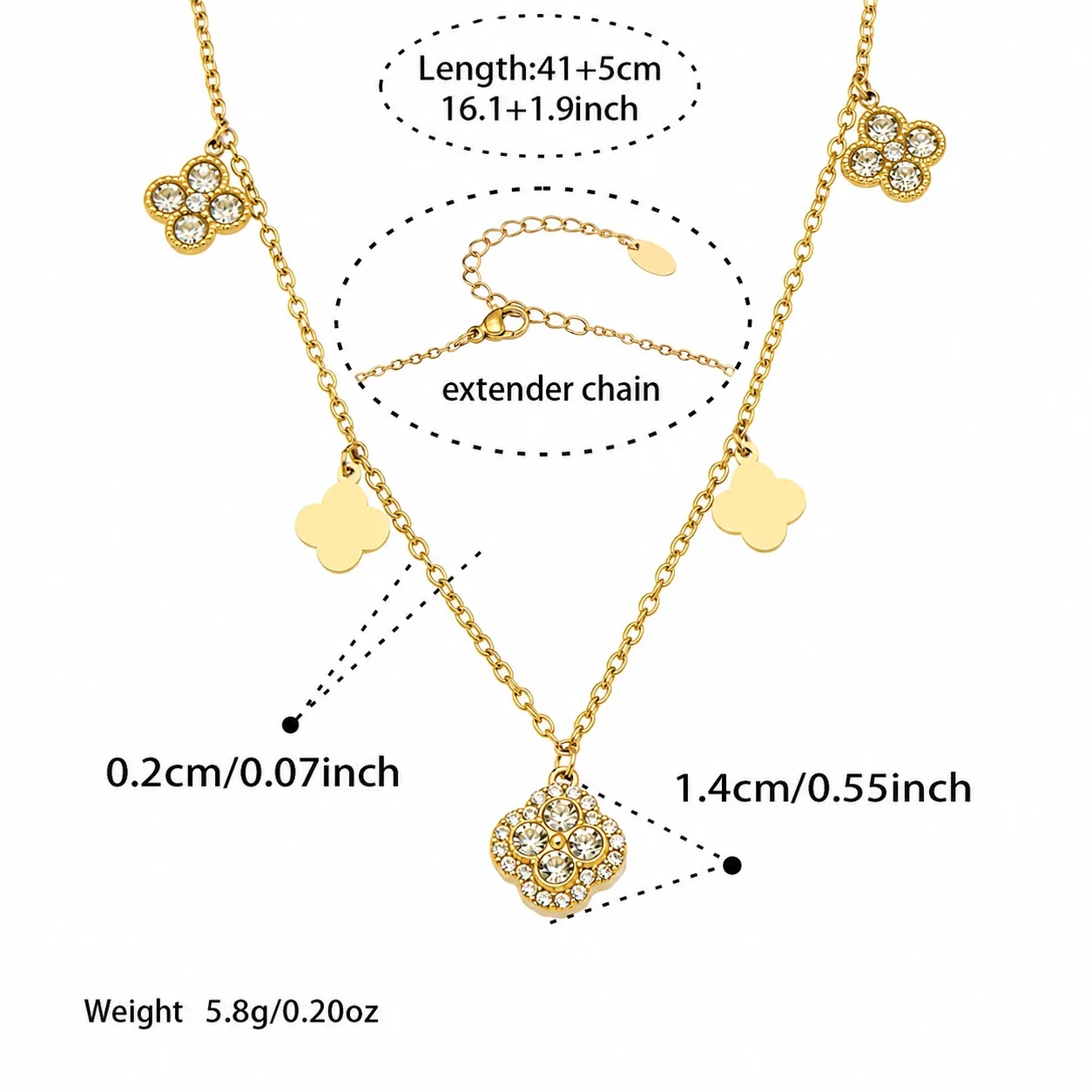 Radiant Clover CZ Stainless Steel Chain Jewelry Set - Gold Style A 41+5 cm
