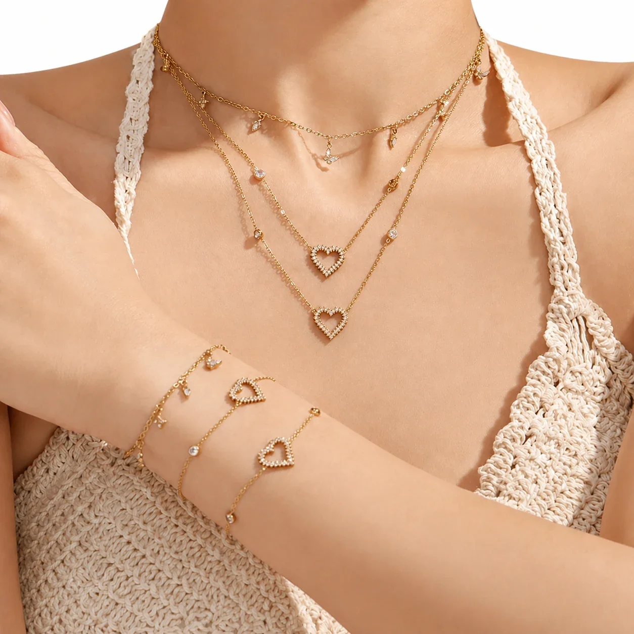 Delicate Heart CZ Stainless Steel Cable Bracelet