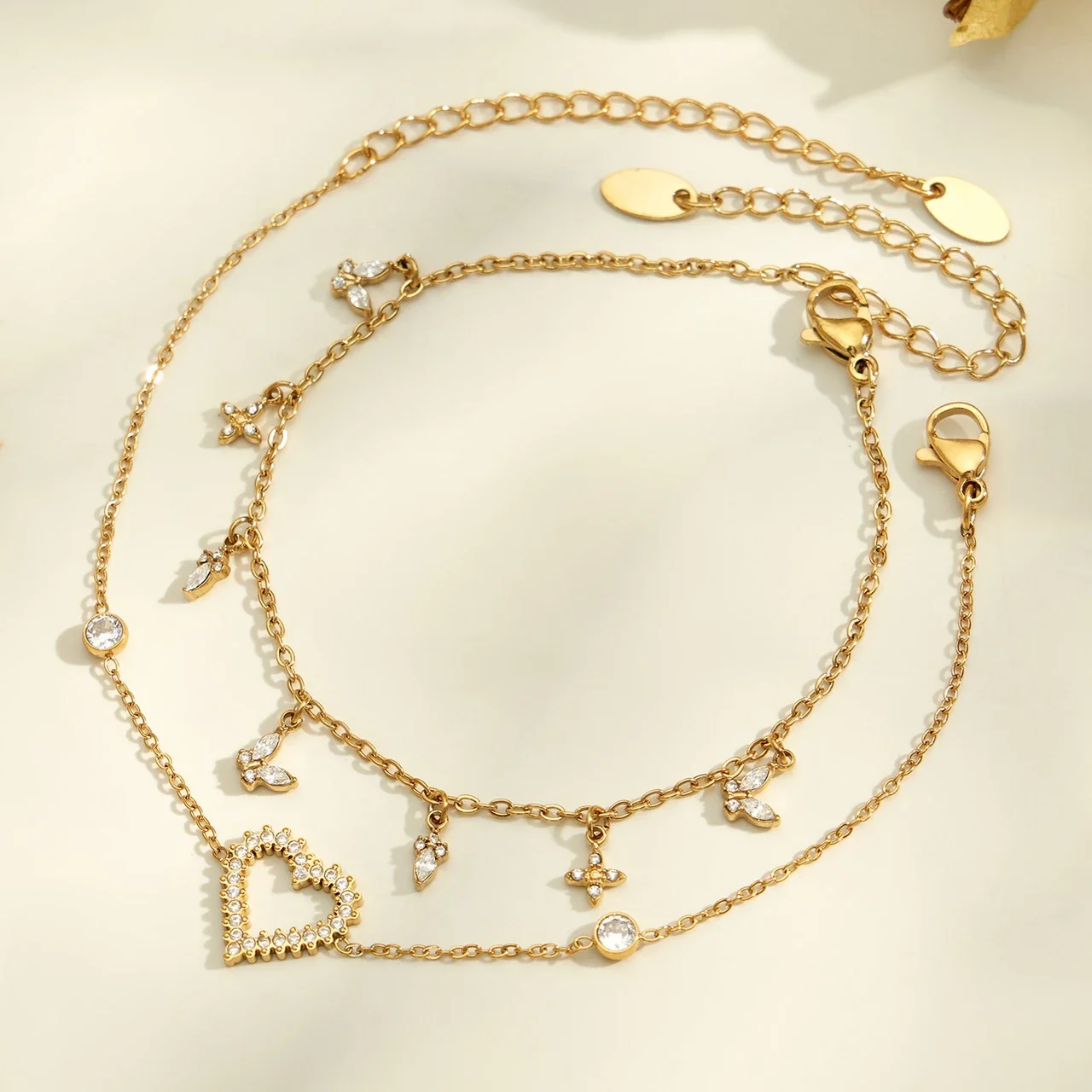 Delicate Heart CZ Stainless Steel Cable Bracelet