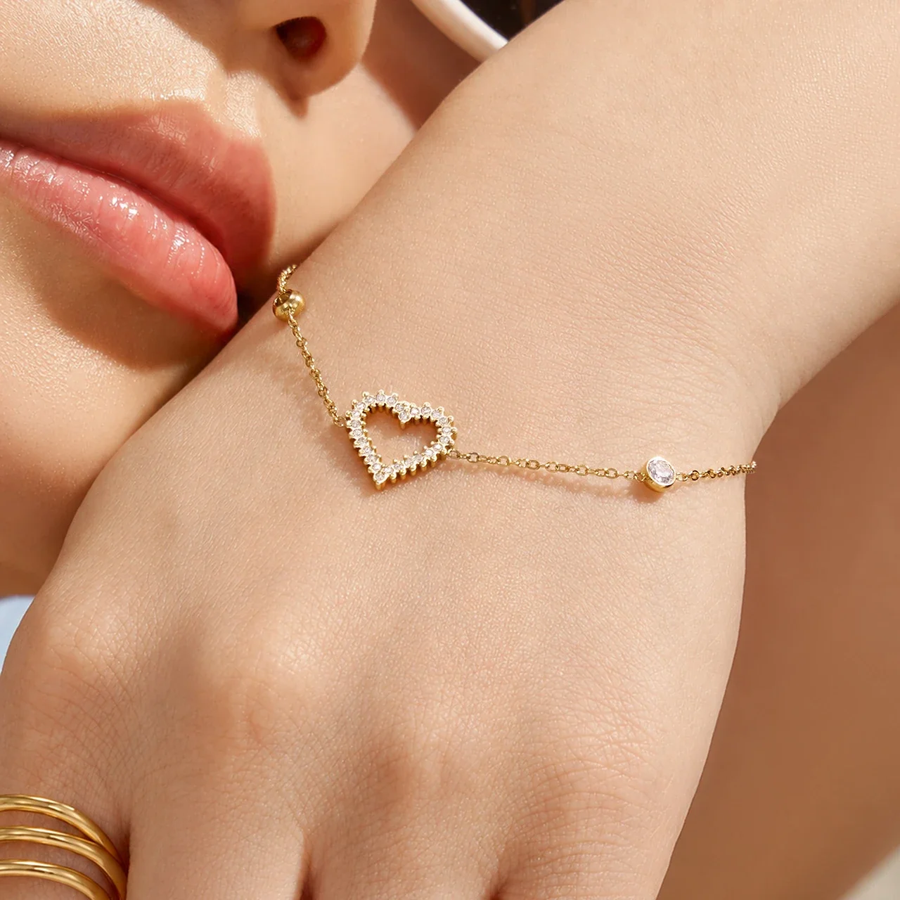 Delicate Heart CZ Stainless Steel Cable Bracelet