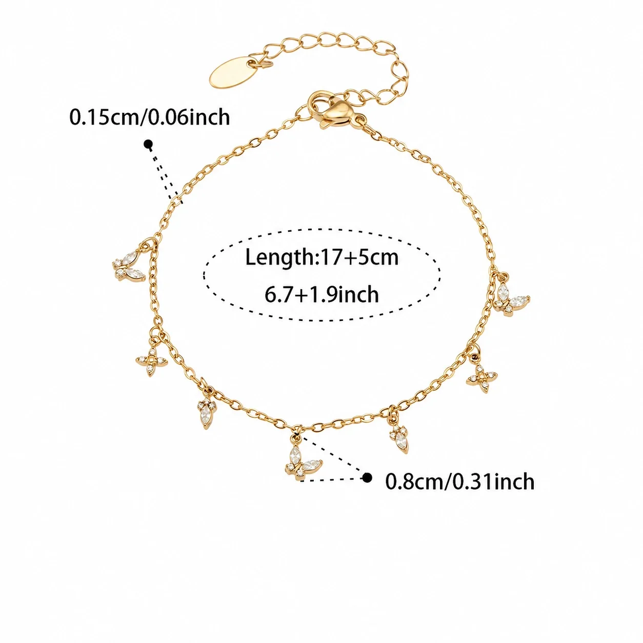 Delicate Heart CZ Stainless Steel Cable Bracelet - Gold CZ Charm 17+5 cm